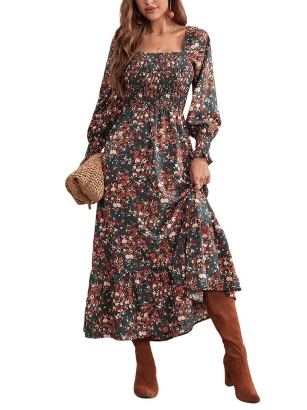 Women's Square Neck Casual Floral Dress Long Sleeve Smocked Ruffle A Line Maxi